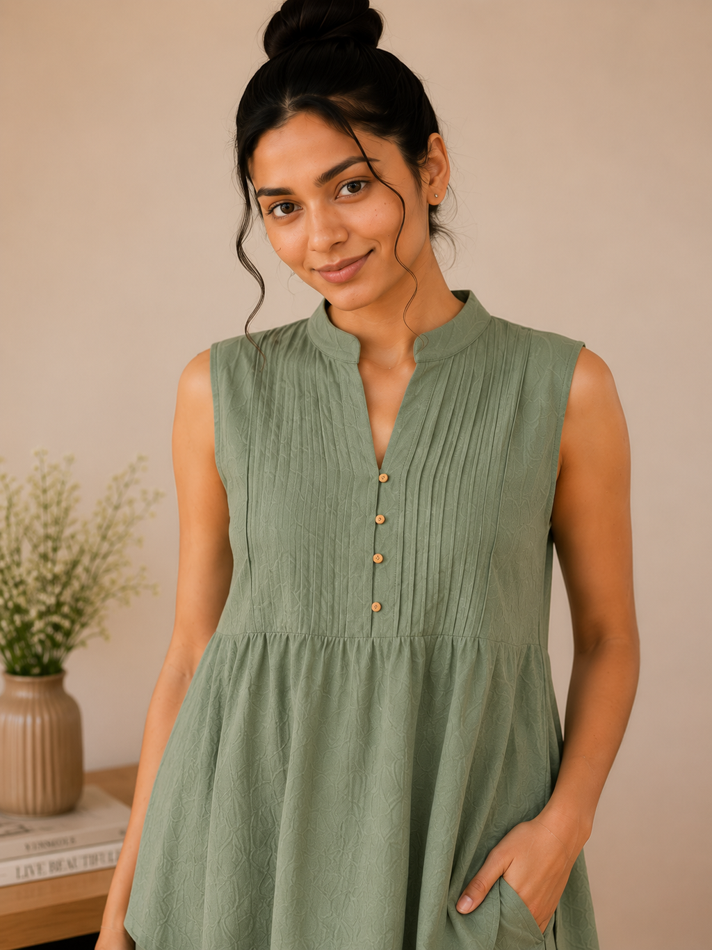 Pintuck Mandarin Collar Linen Blend Co-Ord Set – Sage Green