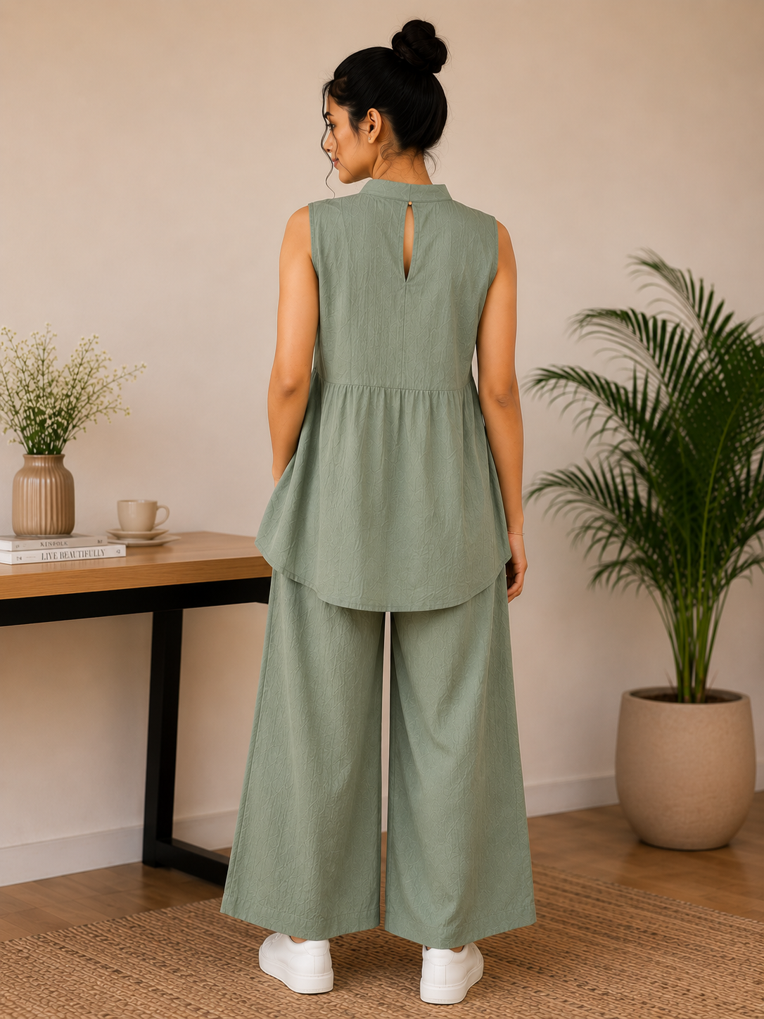 Pintuck Mandarin Collar Linen Blend Co-Ord Set – Sage Green