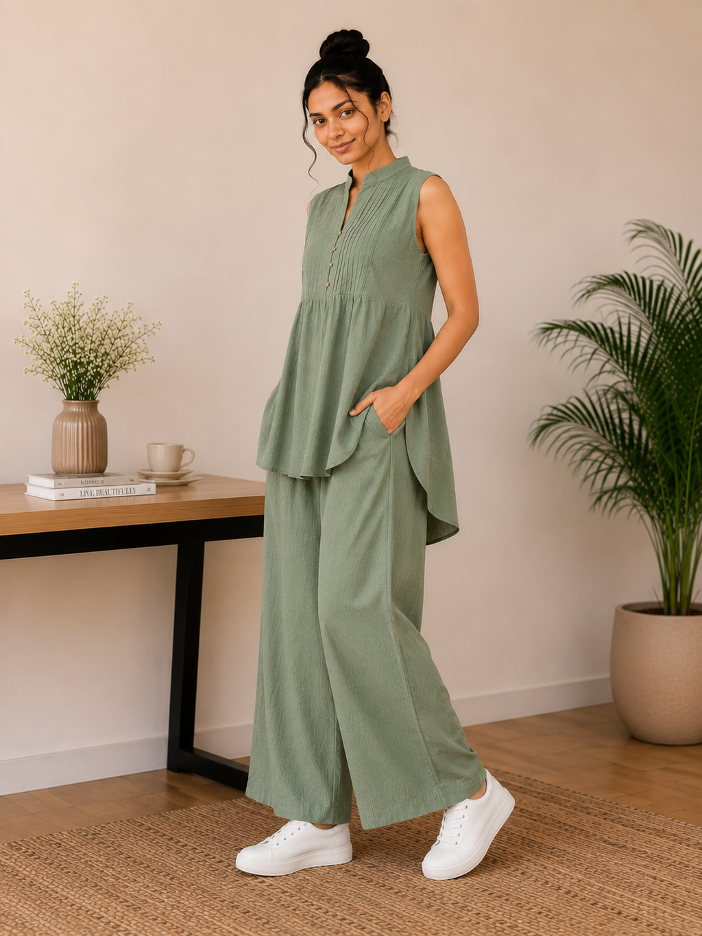 Pintuck Mandarin Collar Linen Blend Co-Ord Set – Sage Green