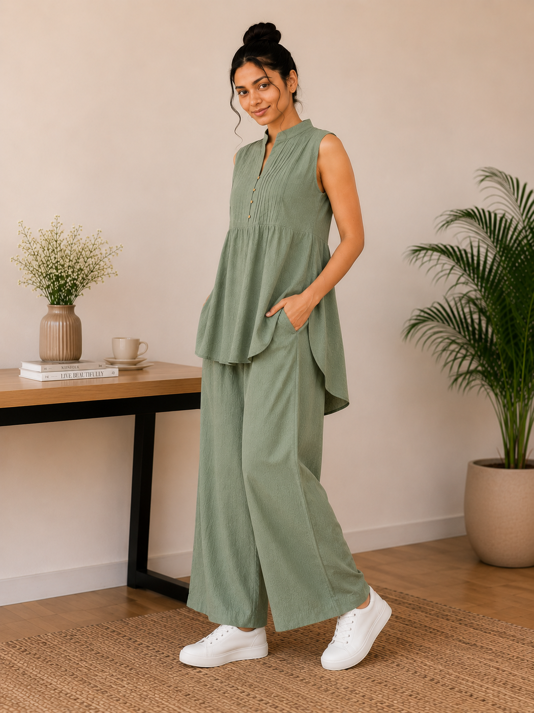 Pintuck Mandarin Collar Linen Blend Co-Ord Set – Sage Green