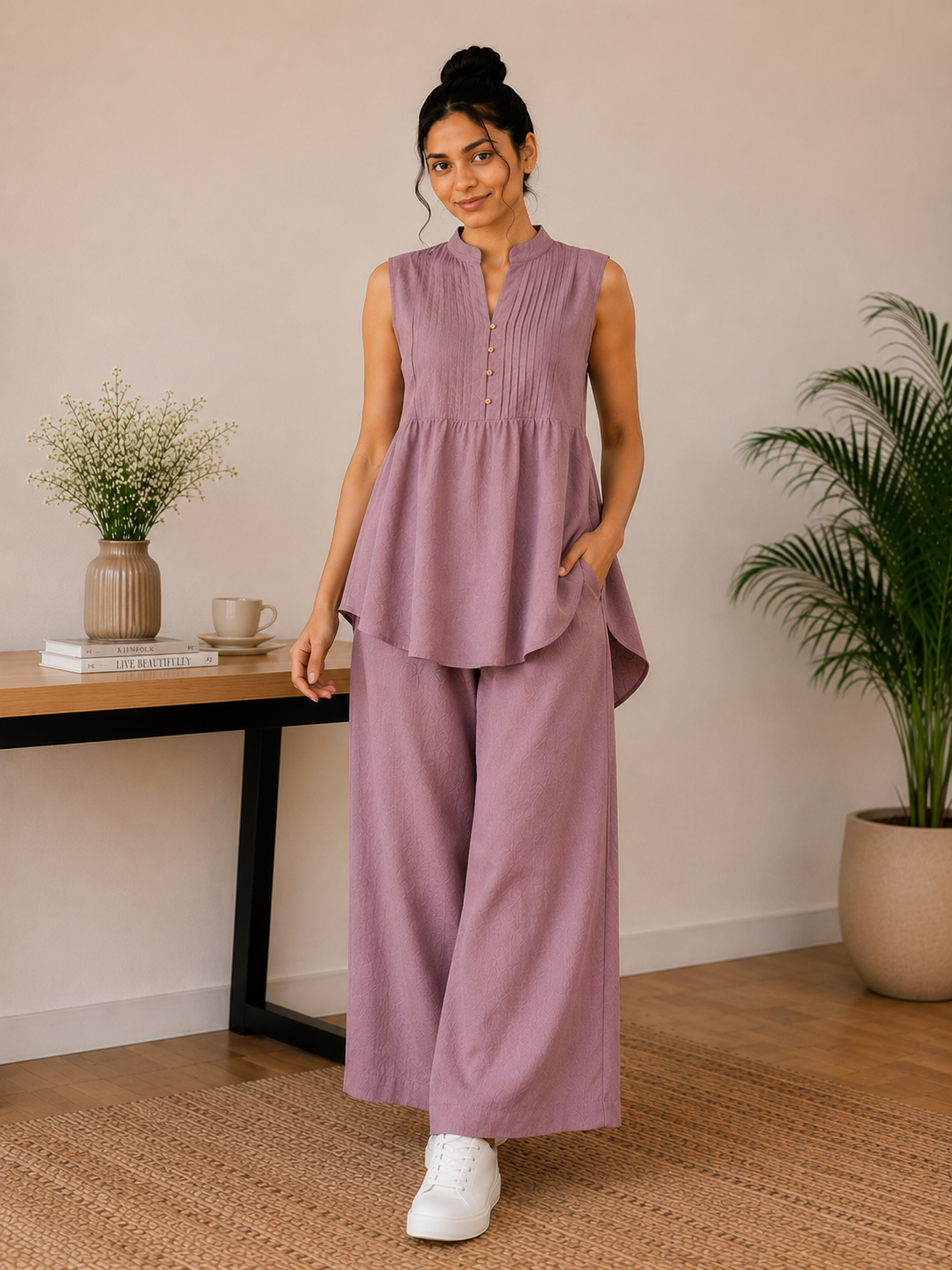 Pintuck Mandarin Collar Linen Blend Co-Ord Set – Mauve Lilac