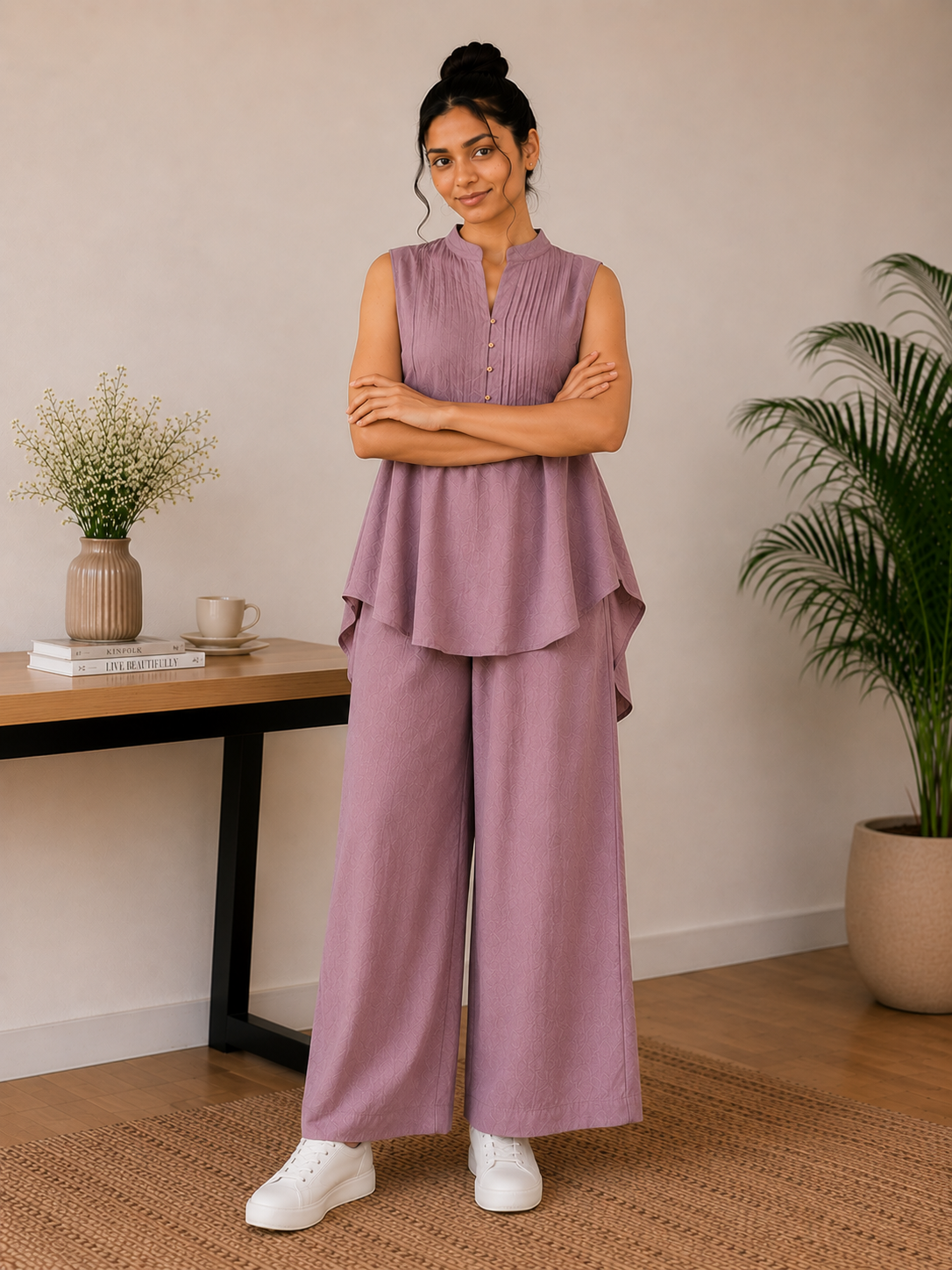Pintuck Mandarin Collar Linen Blend Co-Ord Set – Mauve Lilac