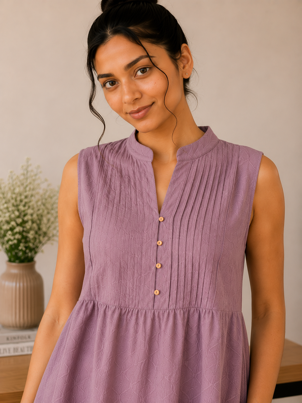 Pintuck Mandarin Collar Linen Blend Co-Ord Set – Mauve Lilac