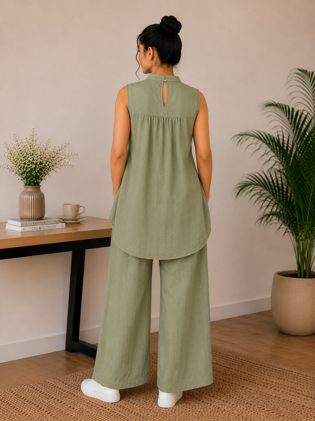 Pintuck Mandarin Collar Linen Blend Co-Ord Set – Mauve Lilac