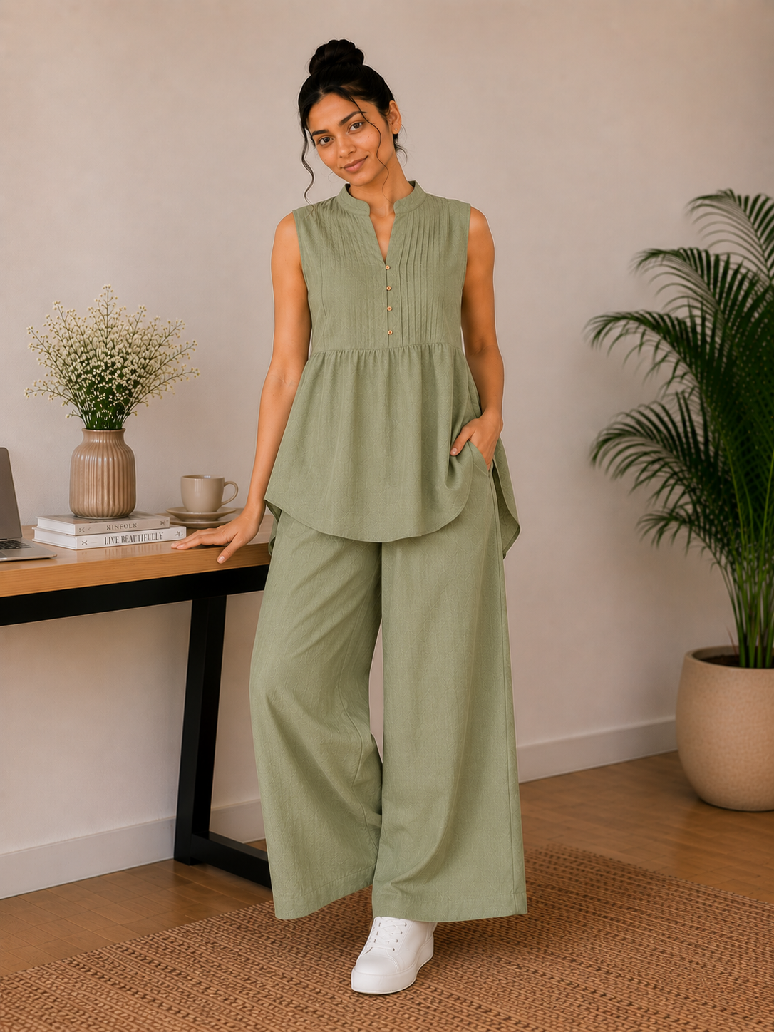 Pintuck Mandarin Collar Linen Blend Co-Ord Set – Mauve Lilac