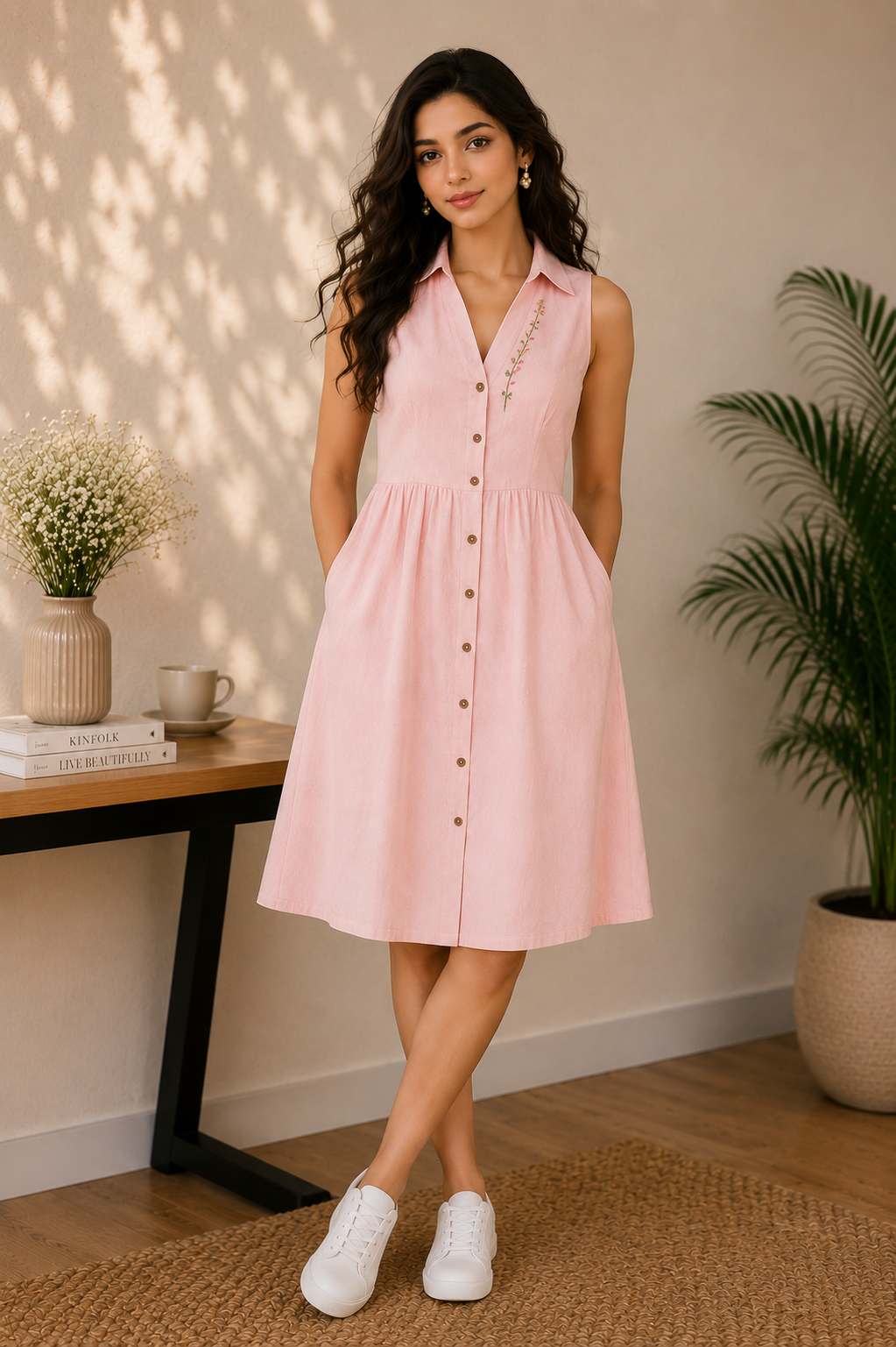 Blush Pink Sleeveless Linen Blend Shirt Dress – Delicate Floral