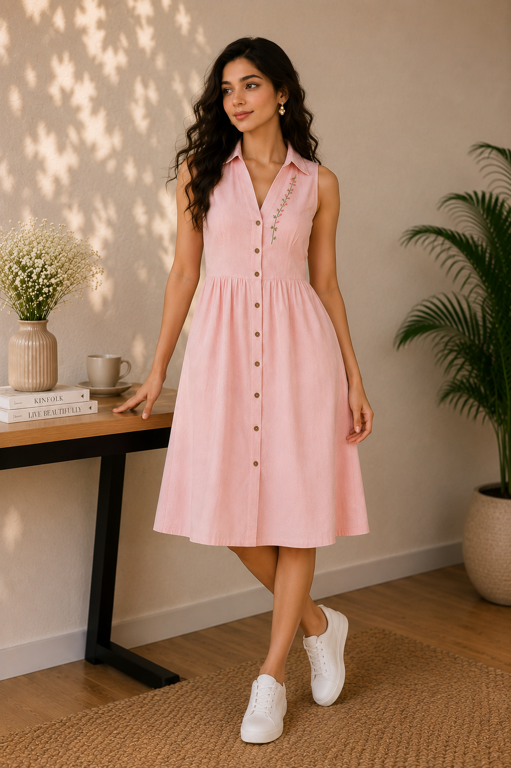 Blush Pink Sleeveless Linen Blend Shirt Dress – Delicate Floral