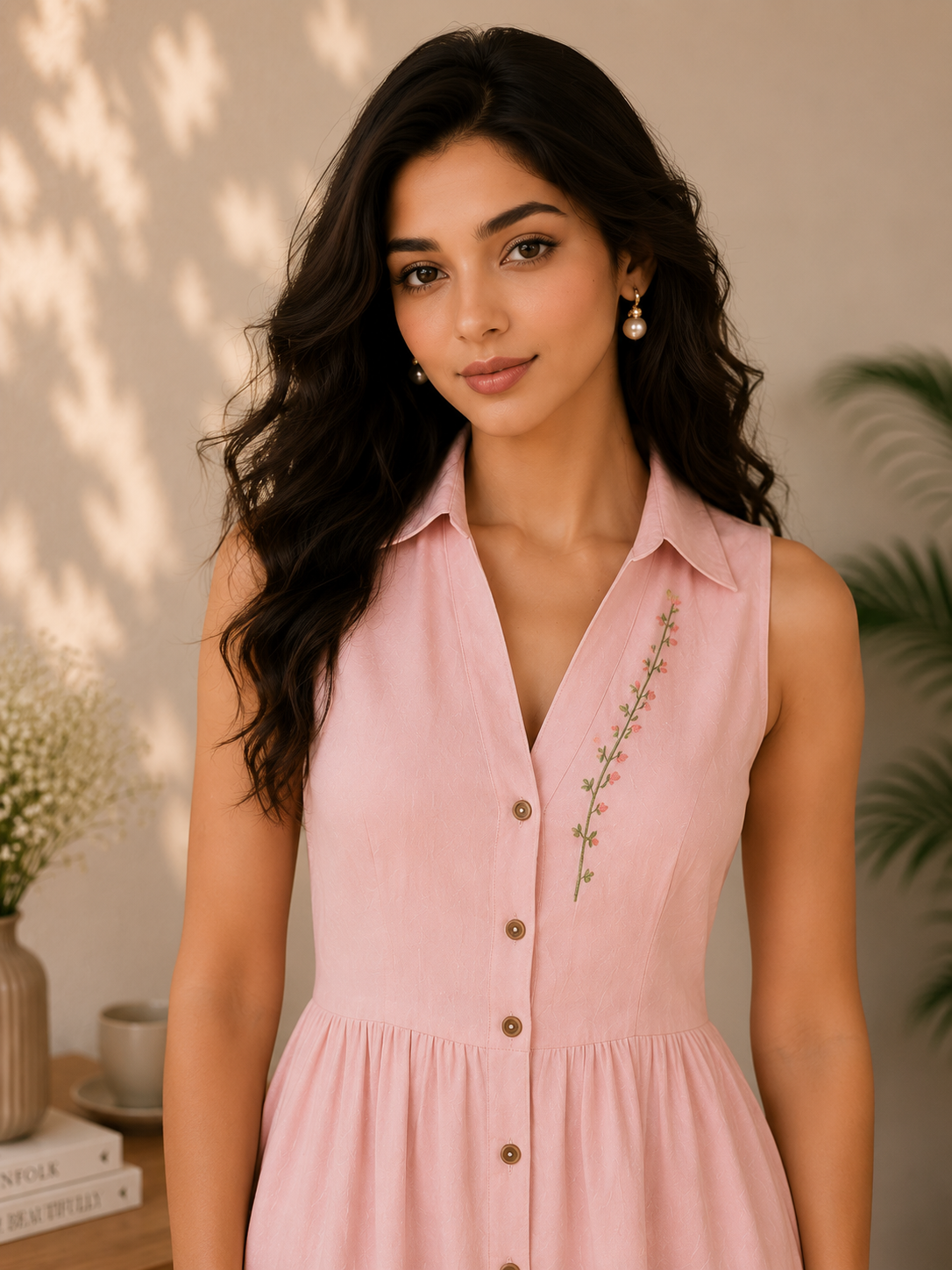 Blush Pink Sleeveless Linen Blend Shirt Dress – Delicate Floral