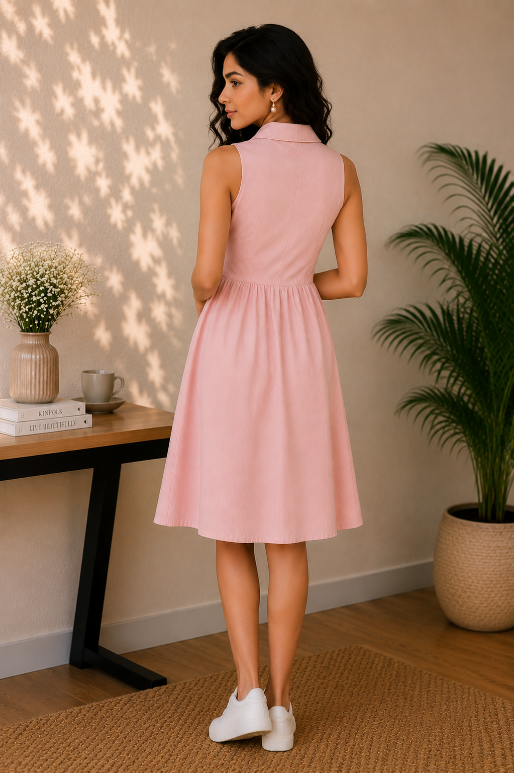 Blush Pink Sleeveless Linen Blend Shirt Dress – Delicate Floral