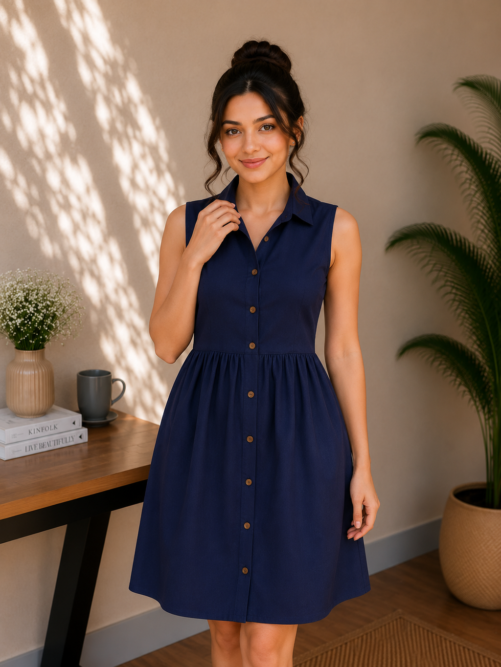 Classic Collar Cotton Midi Dress – Midnight Navy