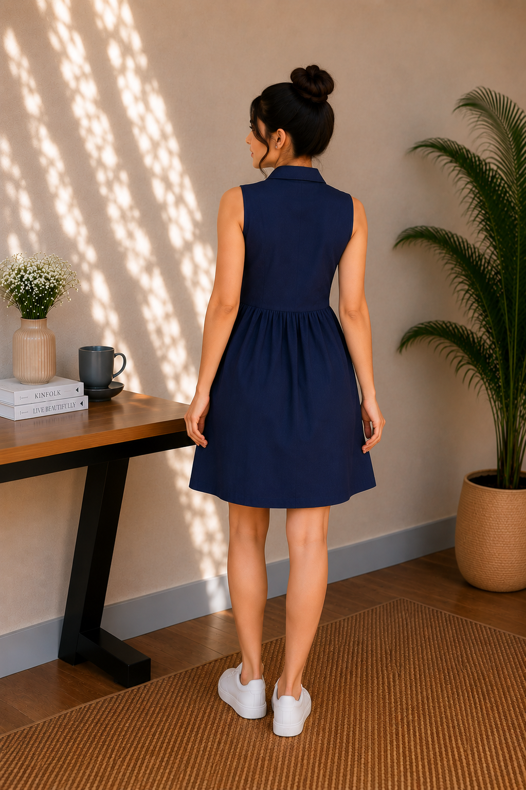 Classic Collar Cotton Midi Dress – Midnight Navy