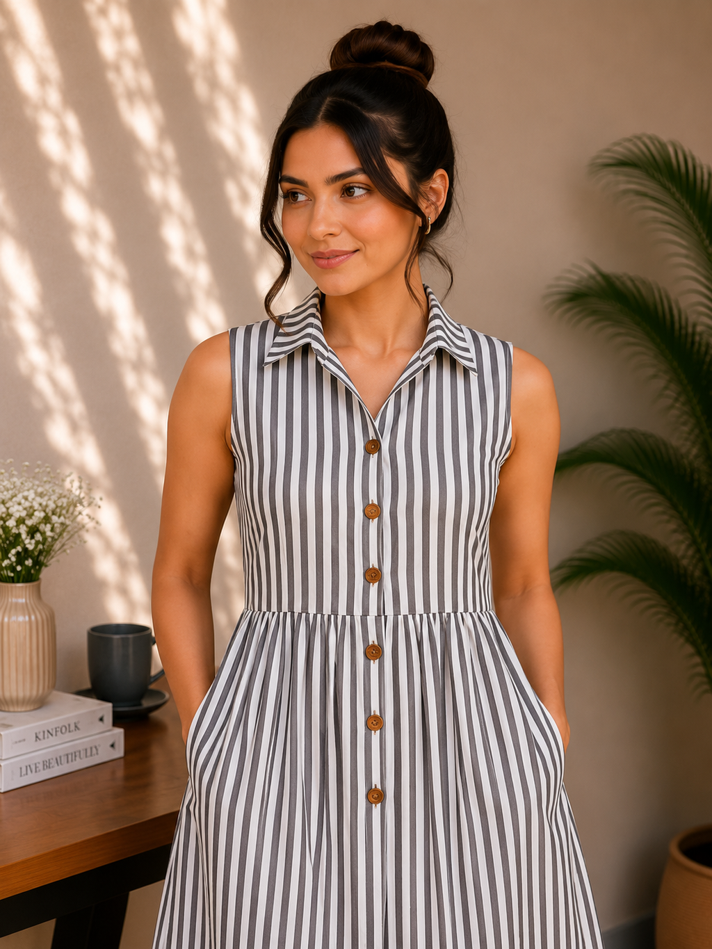 Classic Collar Cotton Midi Dress – Monochrome Stripe