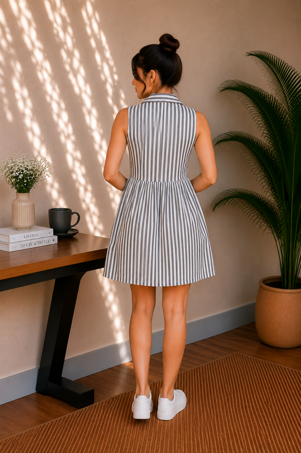 Classic Collar Cotton Midi Dress – Monochrome Stripe