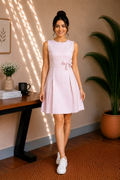 Bow Detail Cotton Stripe Dress – Soft Blush