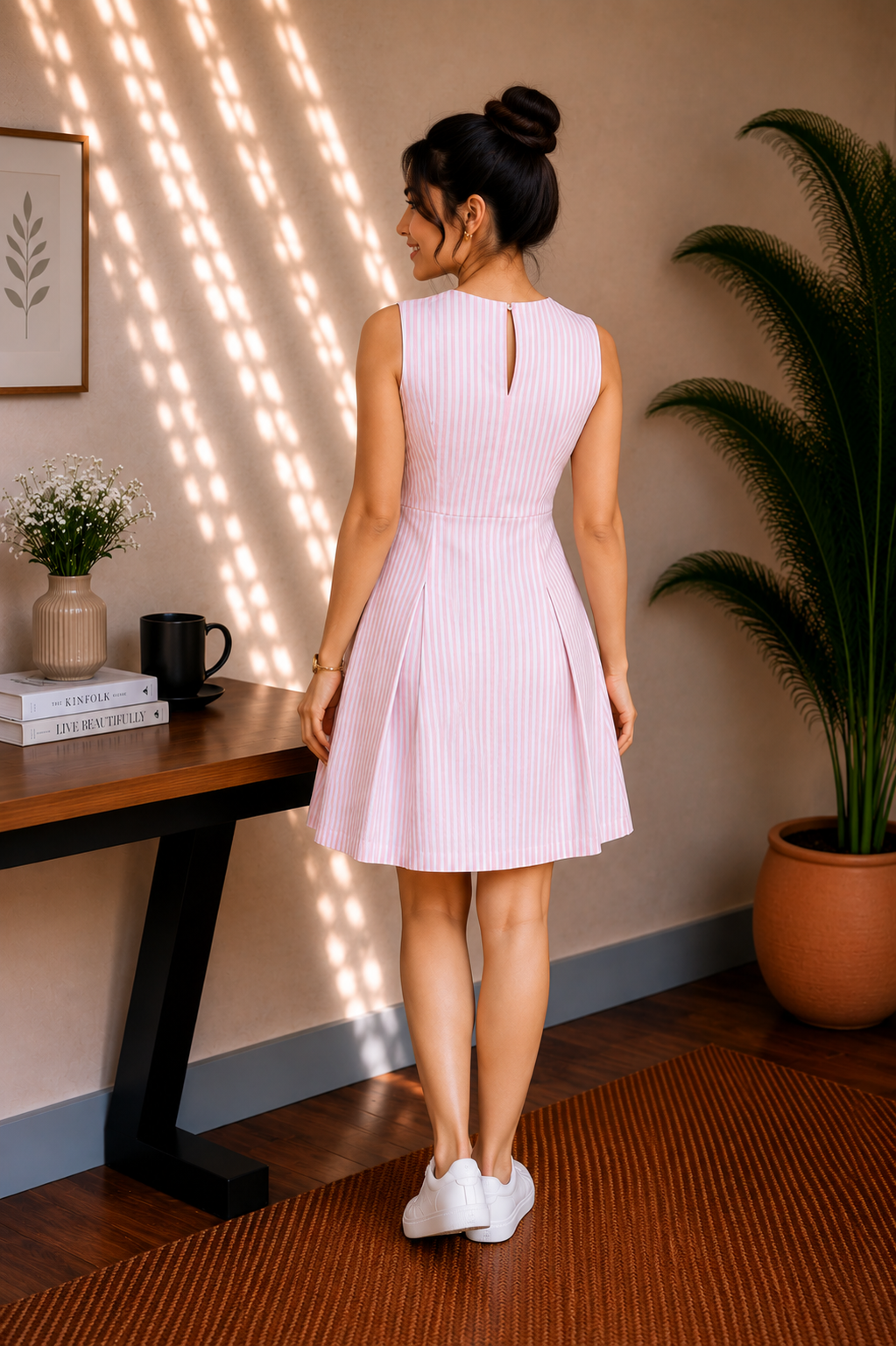 Bow Detail Cotton Stripe Dress – Soft Blush