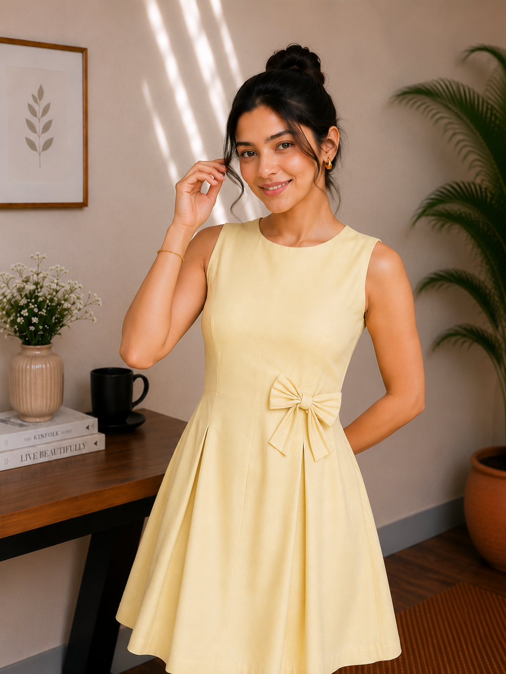 Bow Detail Cotton A-Line Dress – Butter Cream