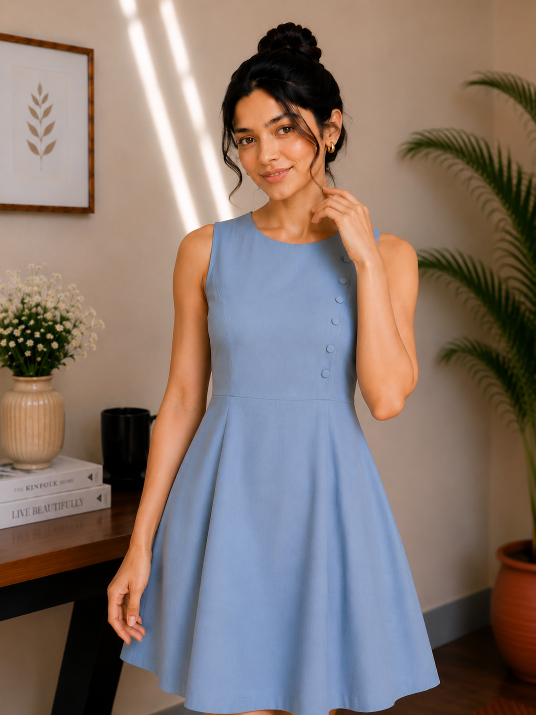 Elegant Button Detail Cotton A-Line Dress – Powder Blue