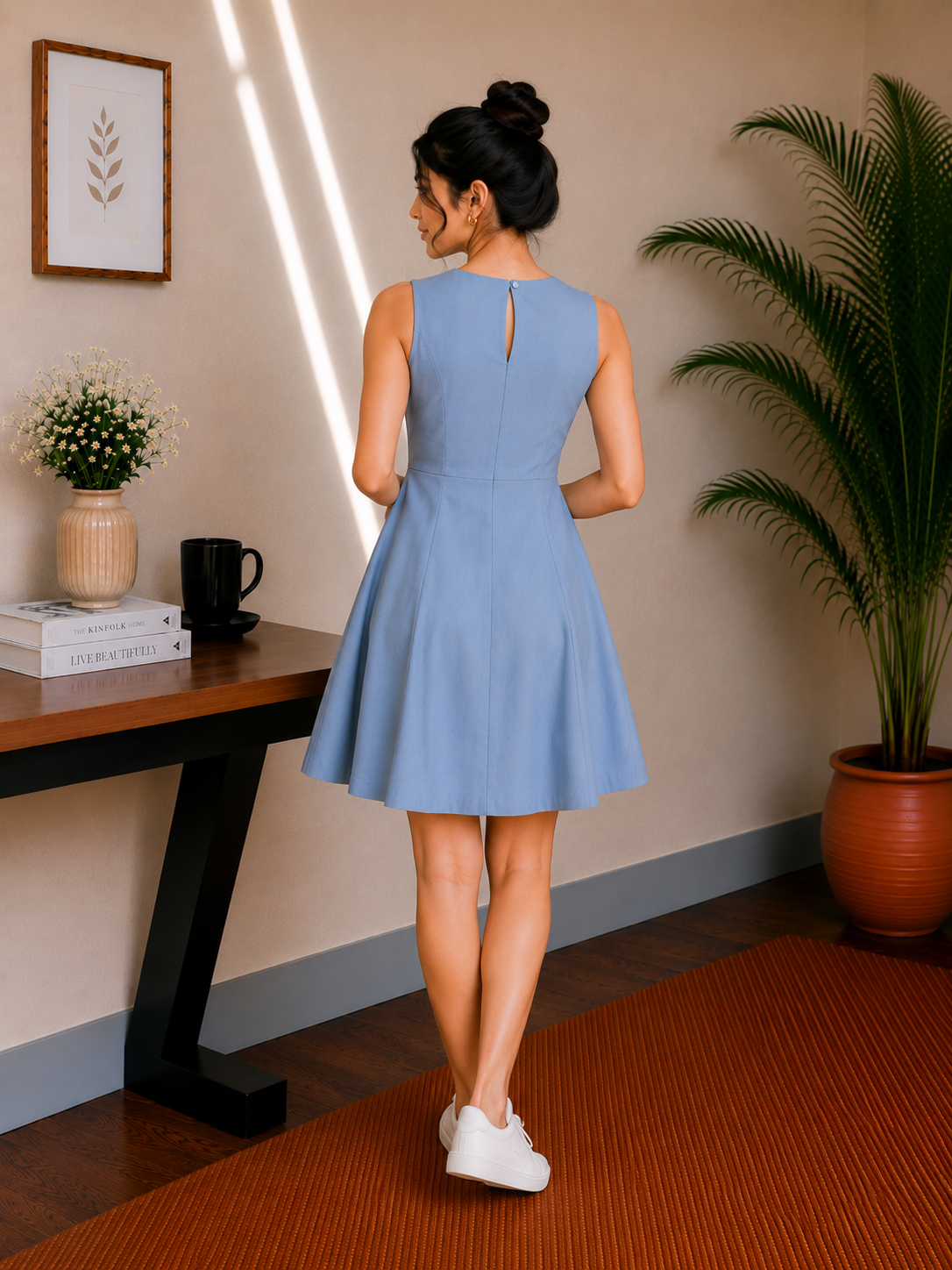 Elegant Button Detail Cotton A-Line Dress – Powder Blue