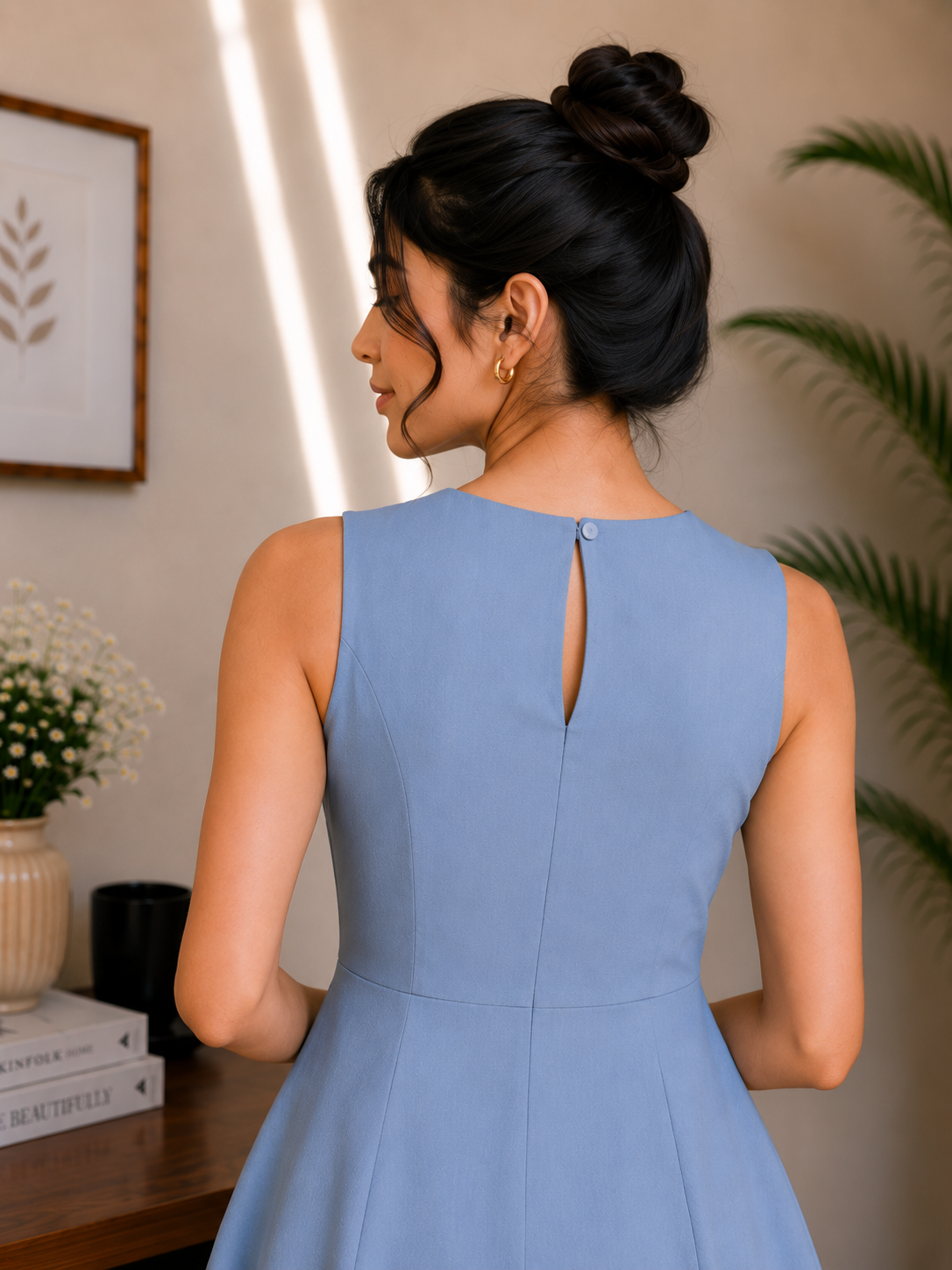 Elegant Button Detail Cotton A-Line Dress – Powder Blue
