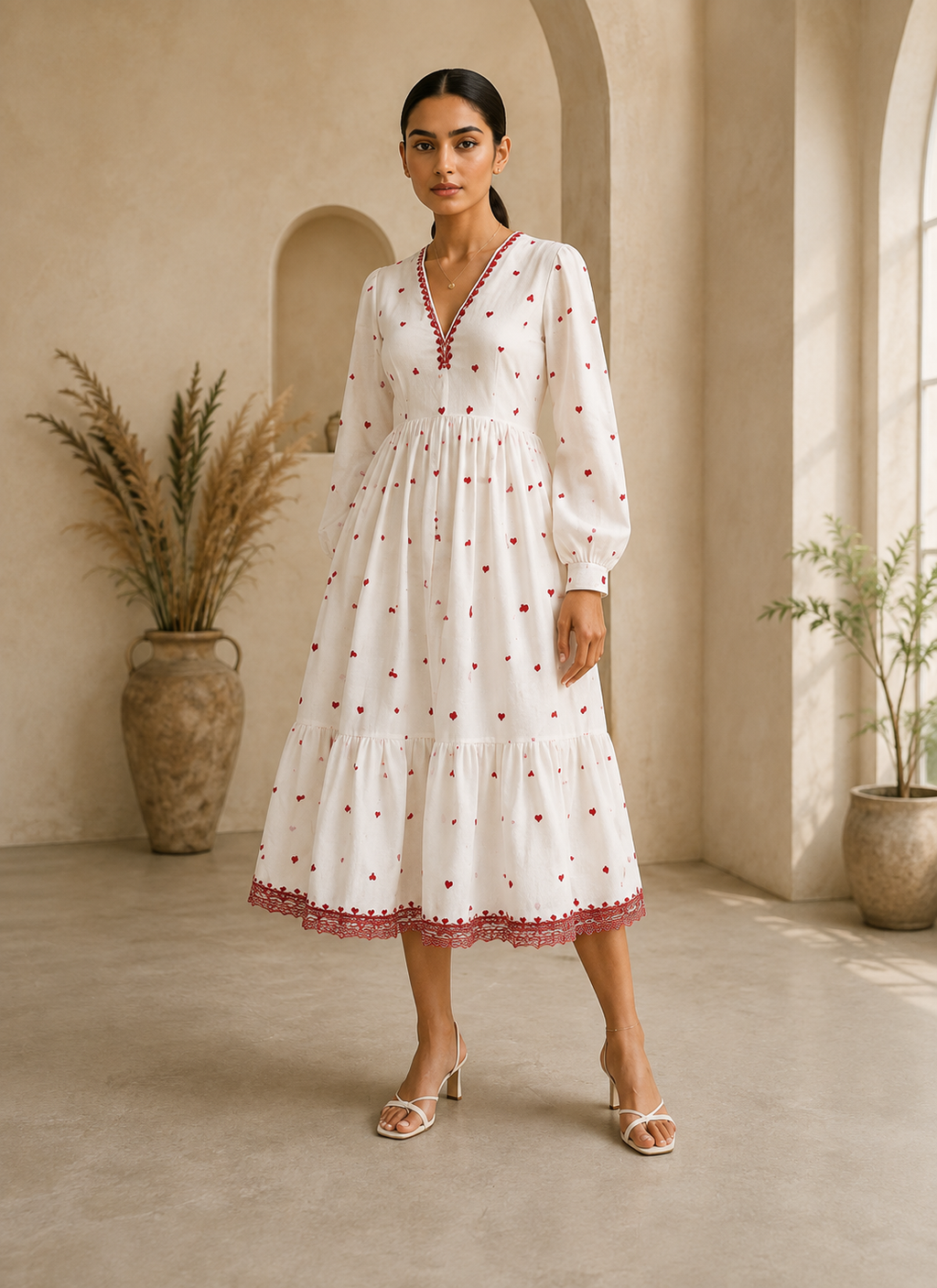 Heart Embroidered Cotton Midi Dress – Ivory Romance
