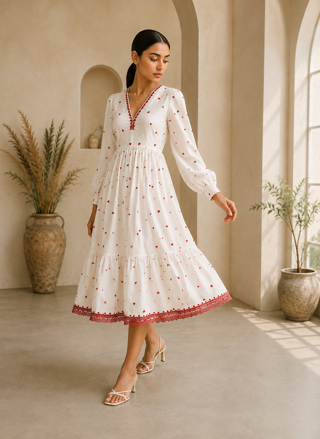 Heart Embroidered Cotton Midi Dress – Ivory Romance