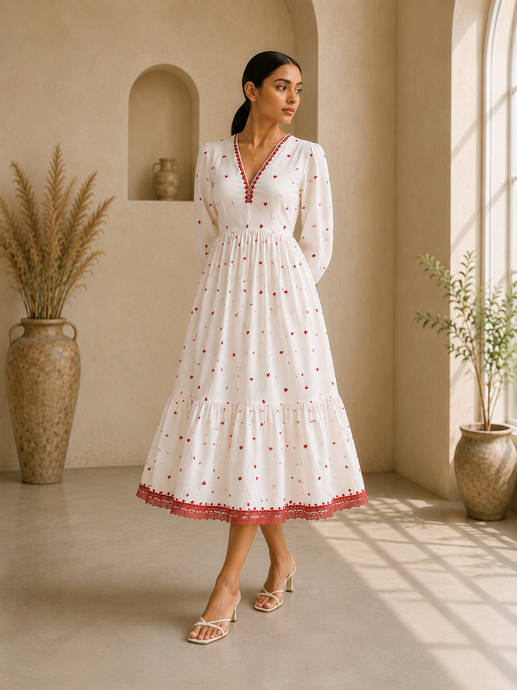 Heart Embroidered Cotton Midi Dress – Ivory Romance