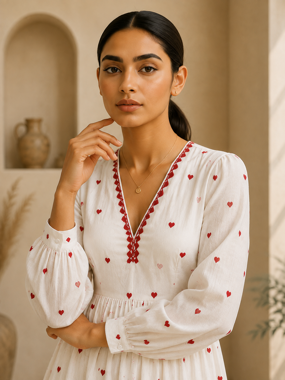 Heart Embroidered Cotton Midi Dress – Ivory Romance