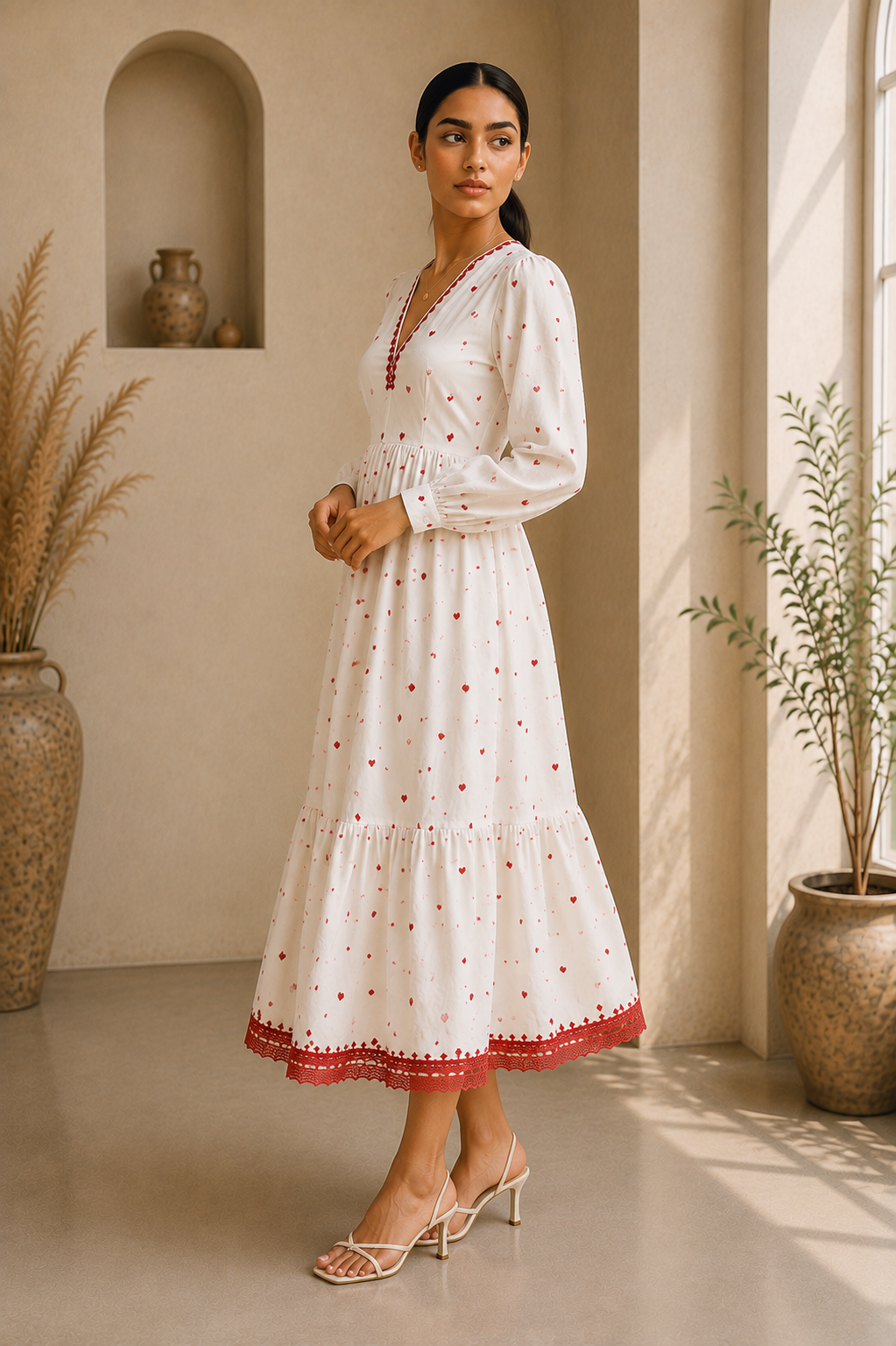 Heart Embroidered Cotton Midi Dress – Ivory Romance