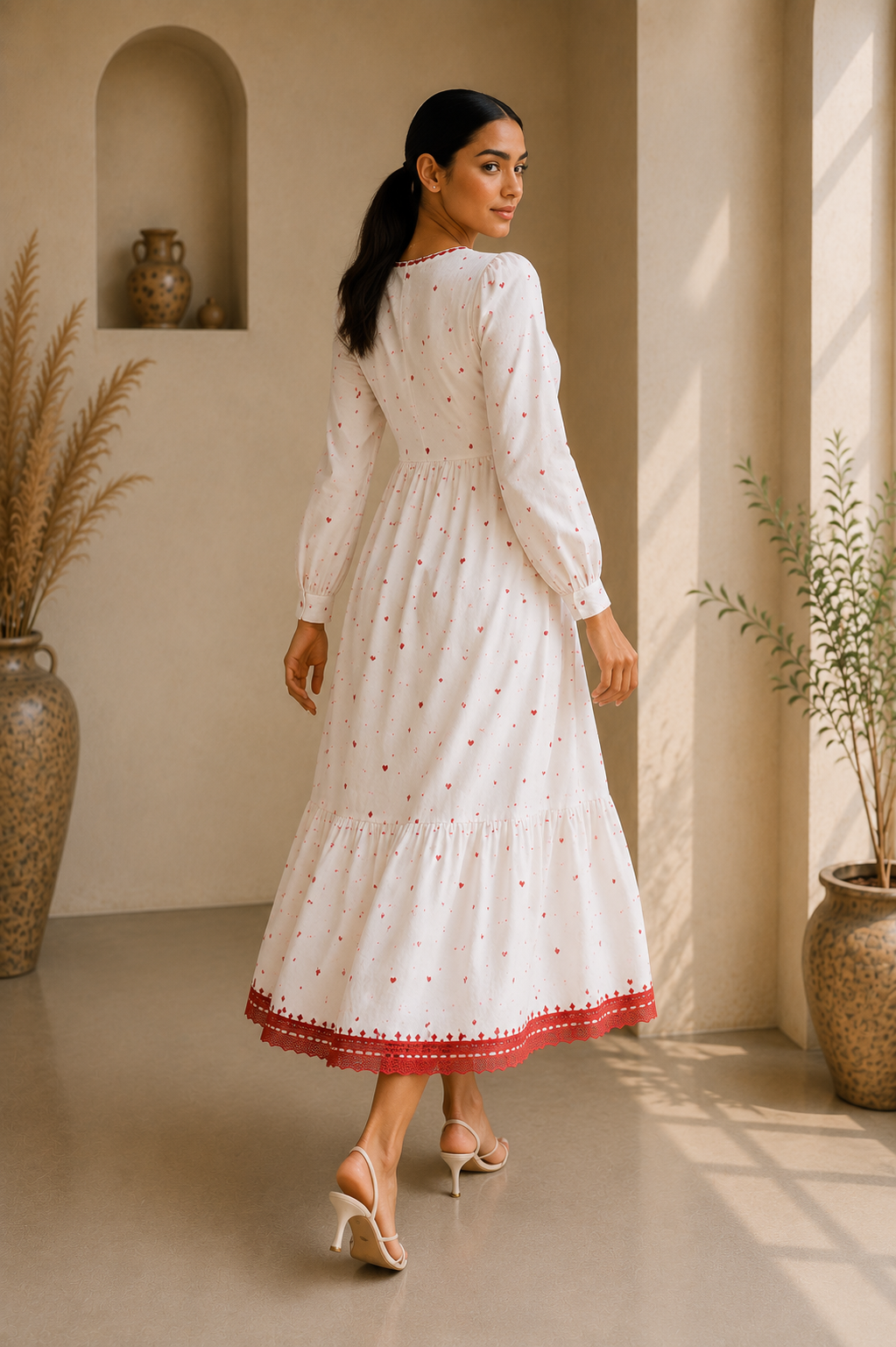 Heart Embroidered Cotton Midi Dress – Ivory Romance