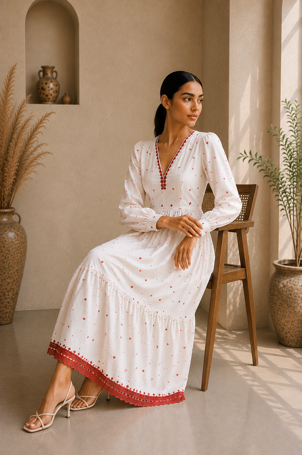 Heart Embroidered Cotton Midi Dress – Ivory Romance