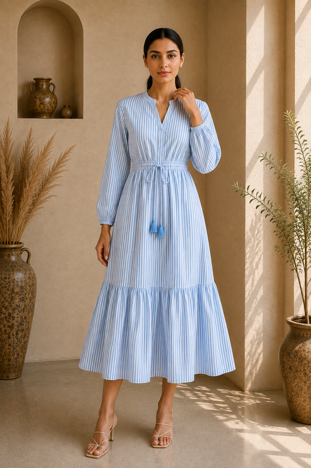 Timeless Stripe Cotton Tiered Midi Dress – Sky Blue