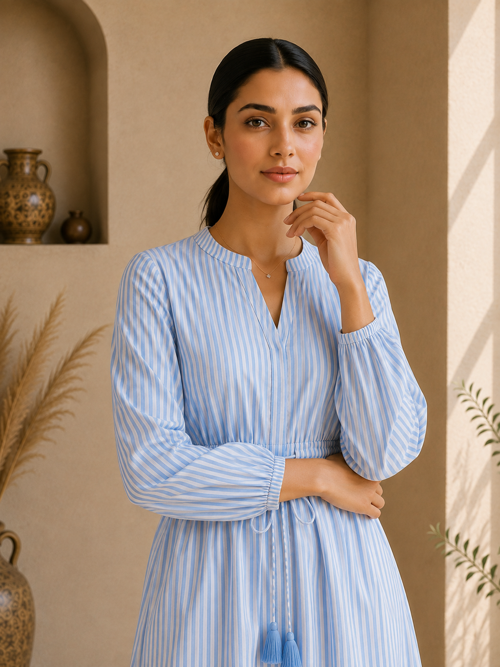 Timeless Stripe Cotton Tiered Midi Dress – Sky Blue