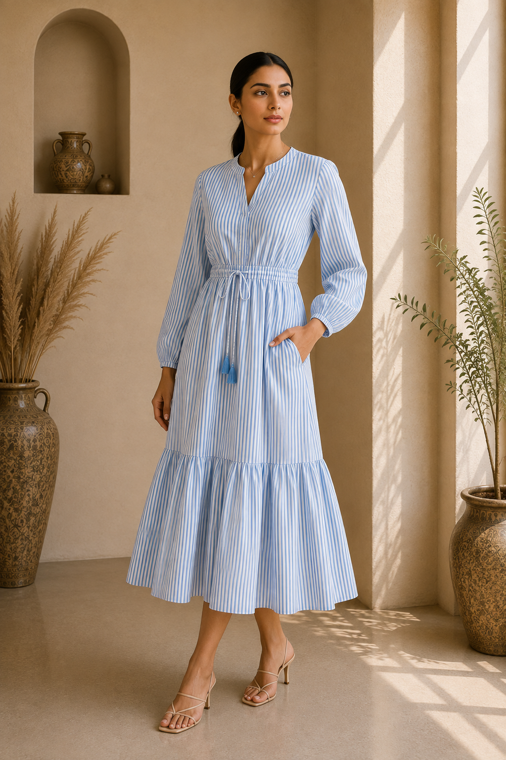 Timeless Stripe Cotton Tiered Midi Dress – Sky Blue