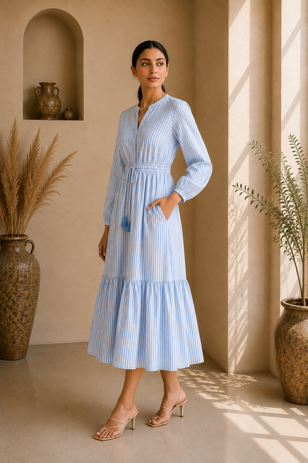 Timeless Stripe Cotton Tiered Midi Dress – Sky Blue