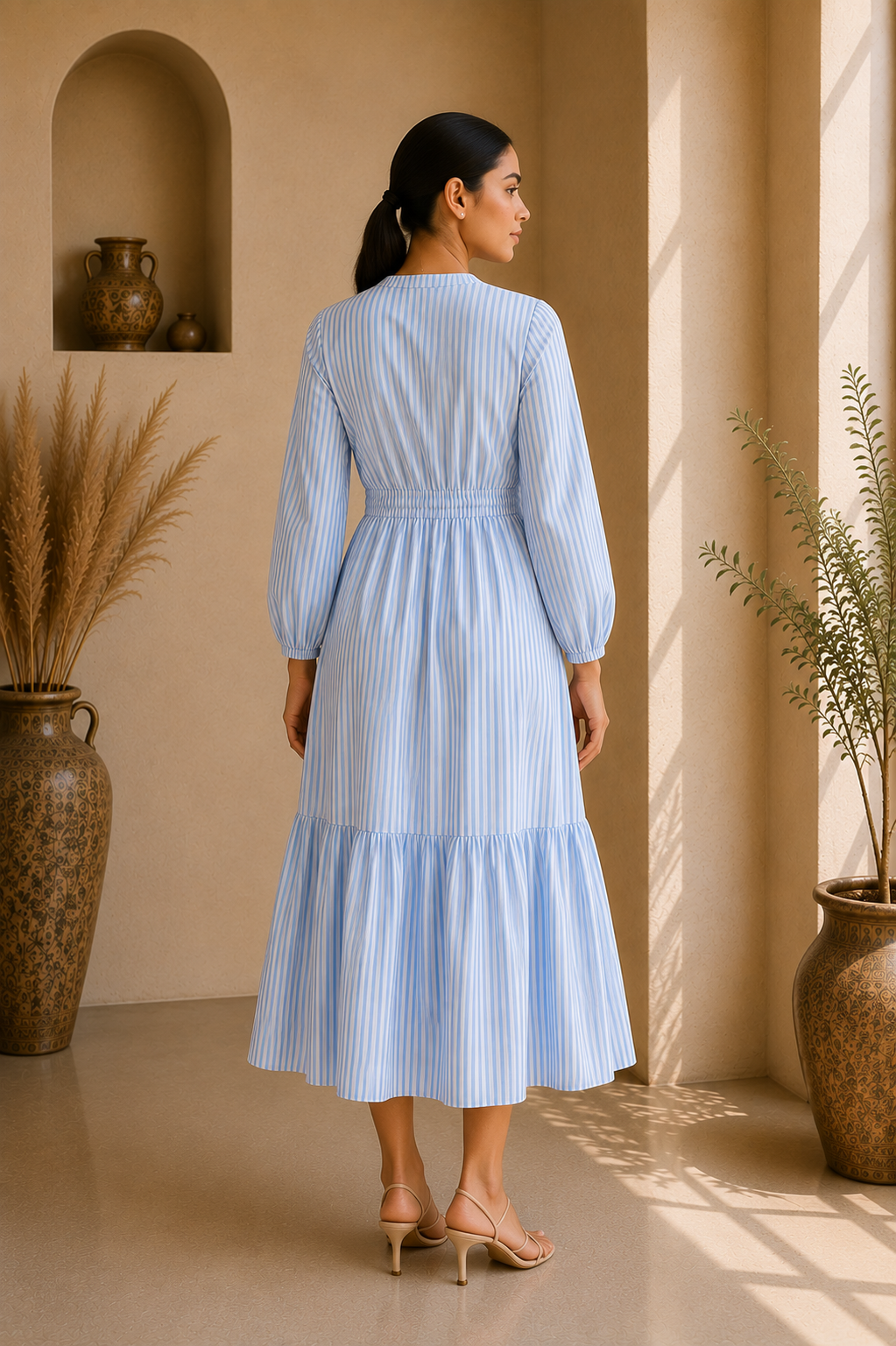 Timeless Stripe Cotton Tiered Midi Dress – Sky Blue