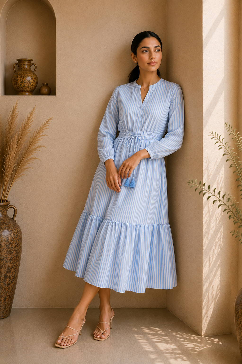 Timeless Stripe Cotton Tiered Midi Dress – Sky Blue