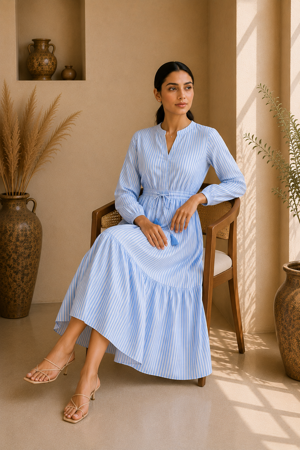Timeless Stripe Cotton Tiered Midi Dress – Sky Blue