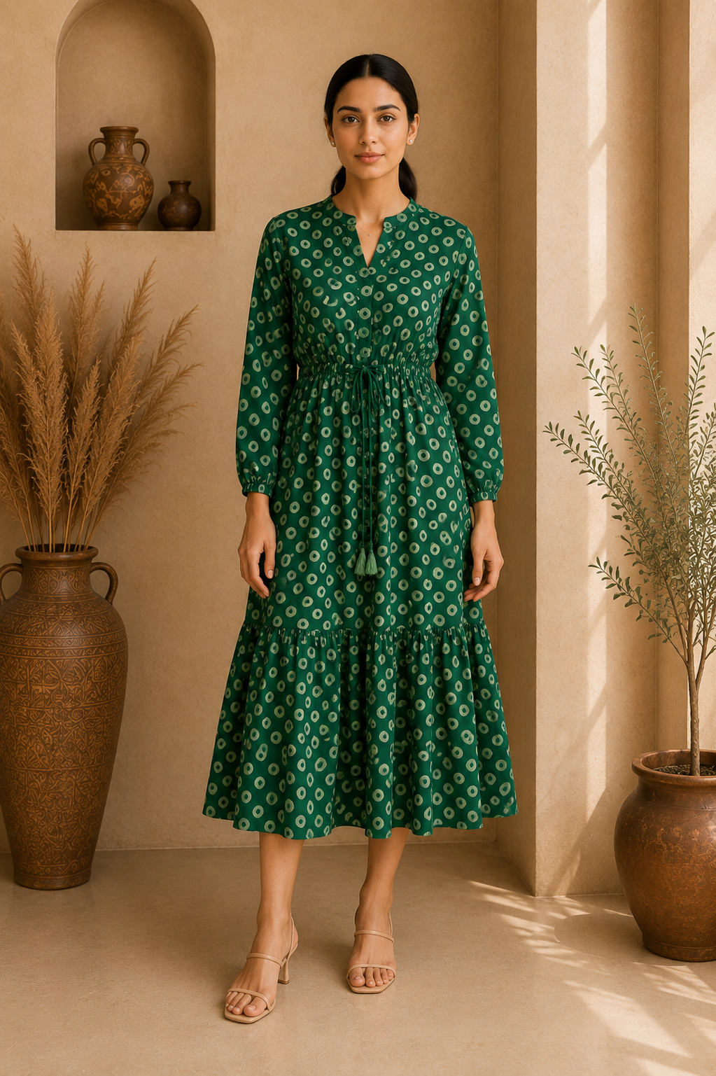 Emerald Bloom Cotton Tiered Midi Dress – Forest Green