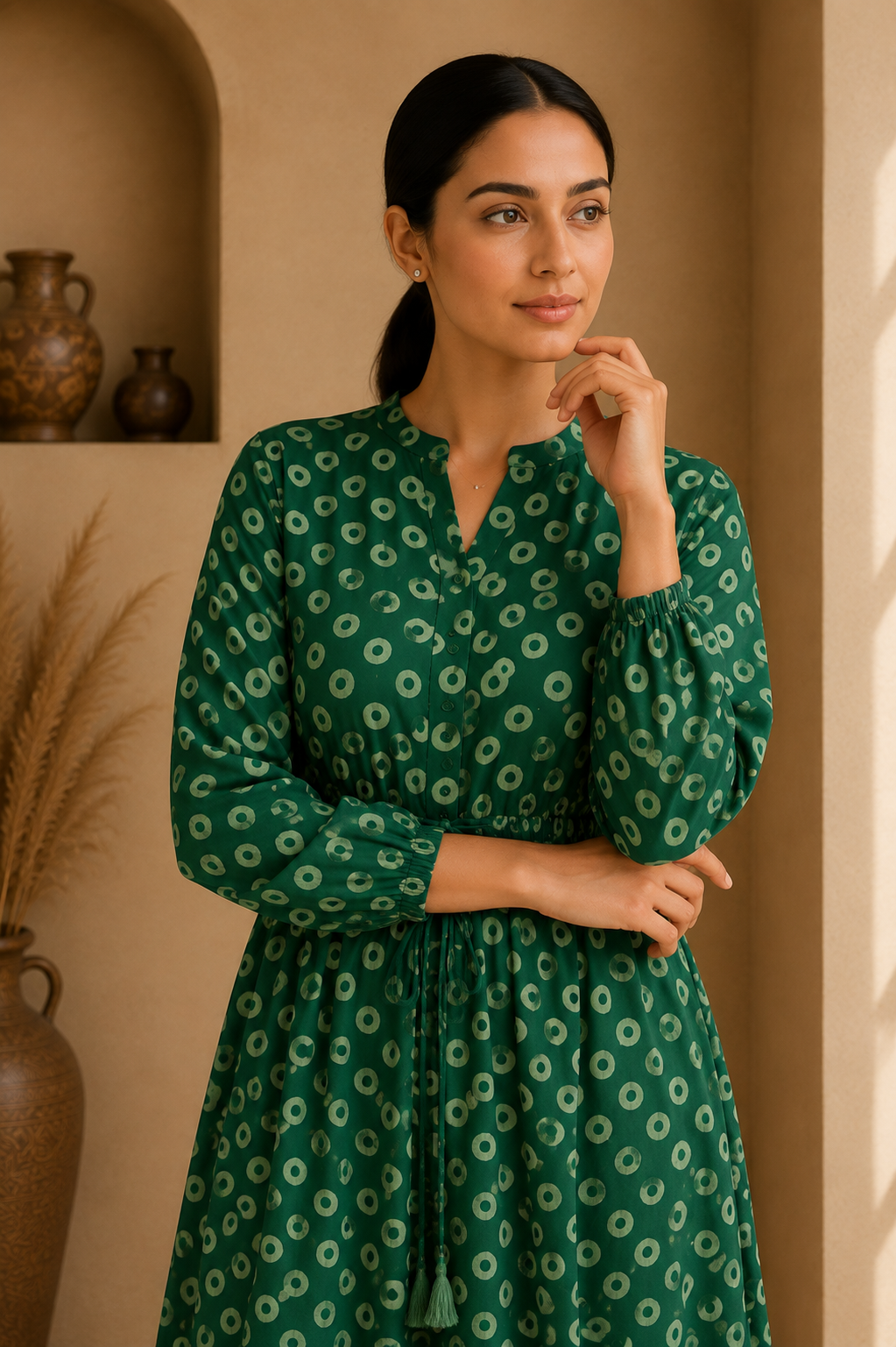 Emerald Bloom Cotton Tiered Midi Dress – Forest Green