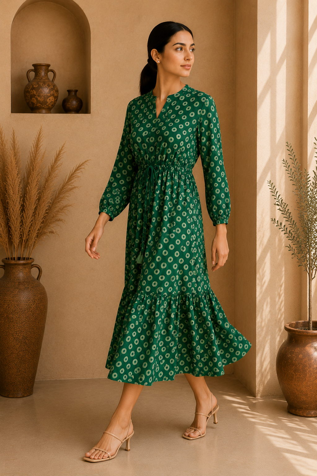 Emerald Bloom Cotton Tiered Midi Dress – Forest Green