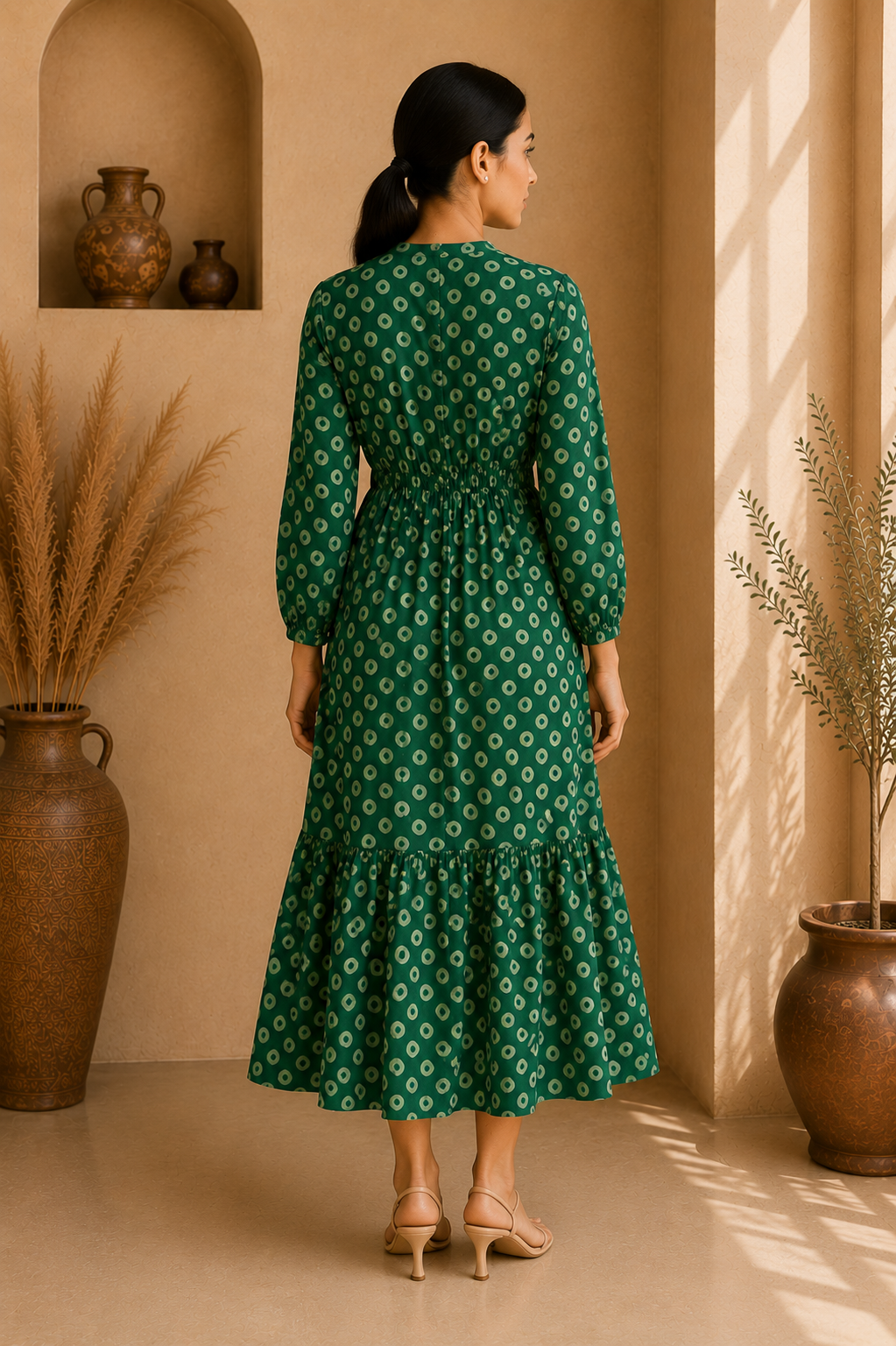 Emerald Bloom Cotton Tiered Midi Dress – Forest Green