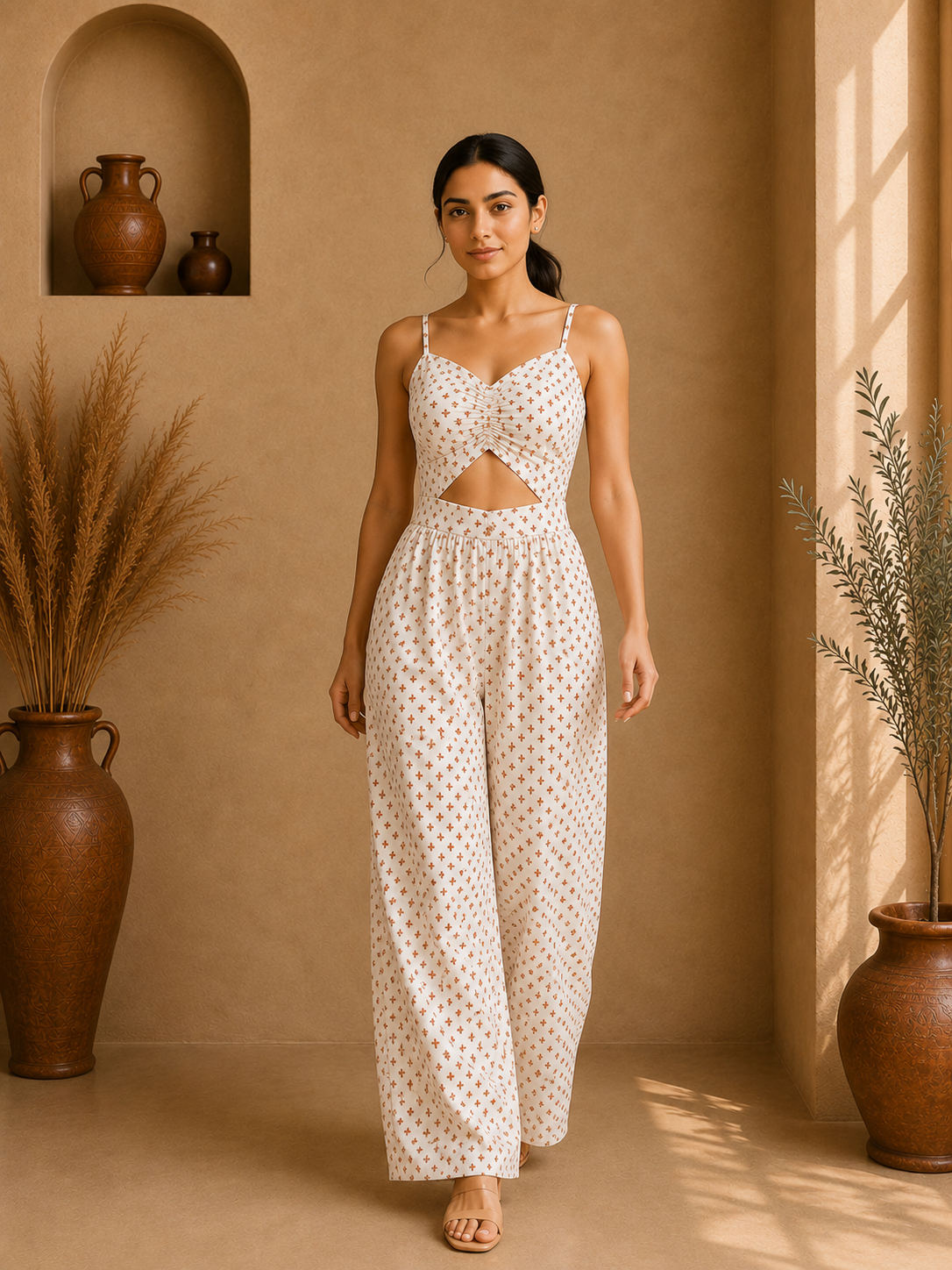 Desert Bloom Cut-Out Cotton Palazzo Jumpsuit – Ivory Sand