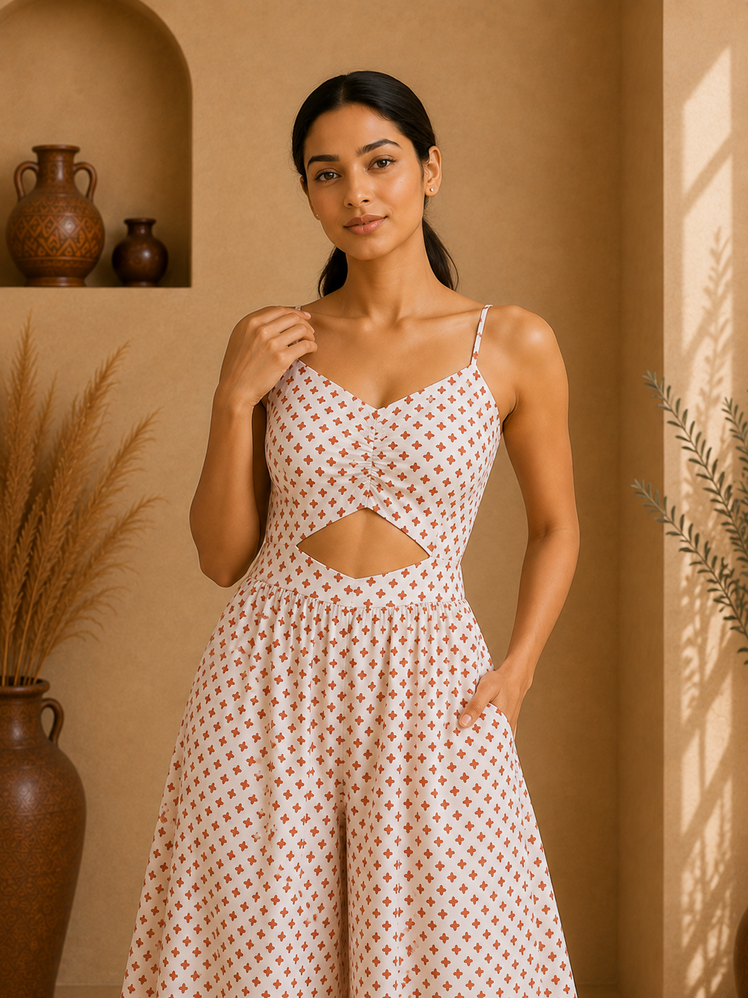 Desert Bloom Cut-Out Cotton Palazzo Jumpsuit – Ivory Sand