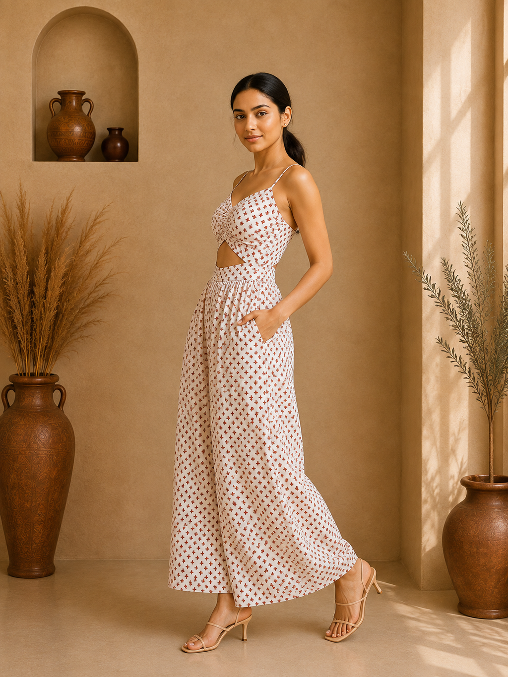 Desert Bloom Cut-Out Cotton Palazzo Jumpsuit – Ivory Sand