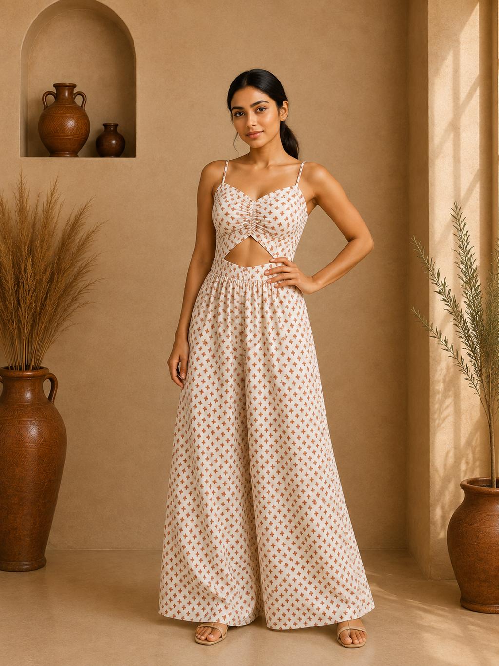 Desert Bloom Cut-Out Cotton Palazzo Jumpsuit – Ivory Sand