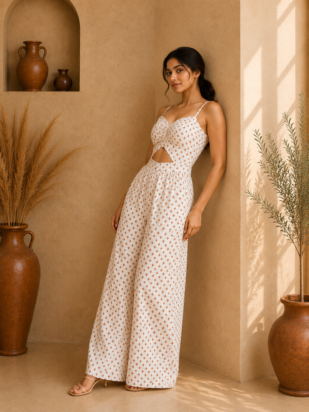 Desert Bloom Cut-Out Cotton Palazzo Jumpsuit – Ivory Sand