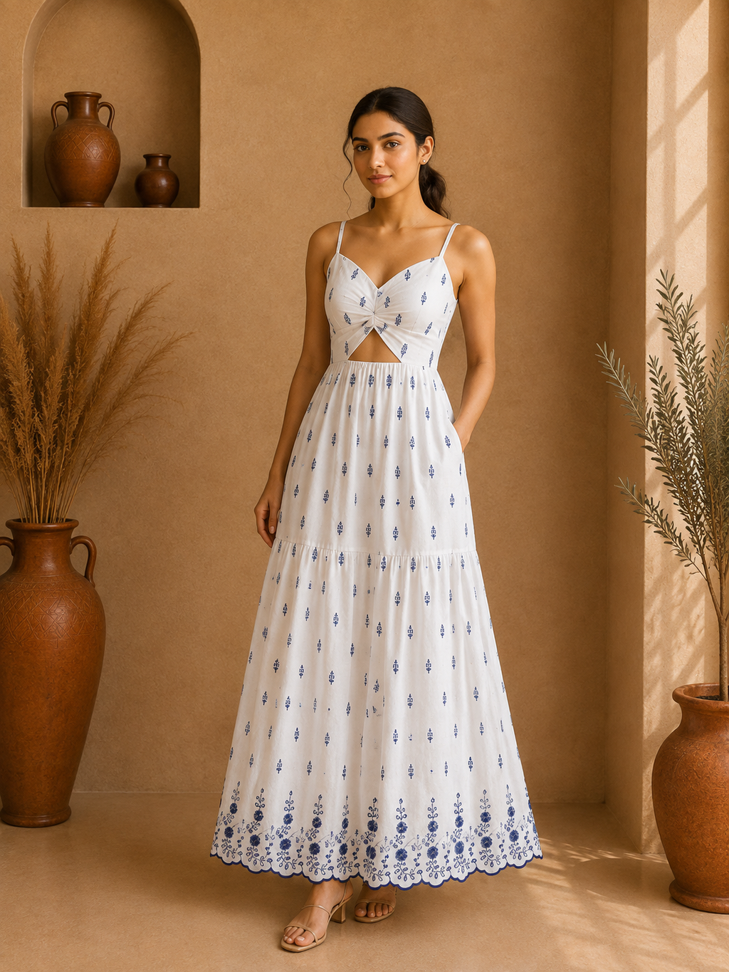 Azure Bloom Embroidered Cotton Cut-Out Maxi Dress – Ivory White