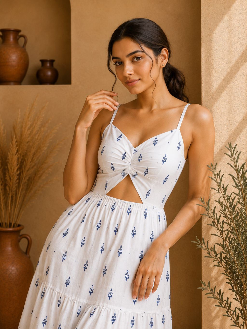 Azure Bloom Embroidered Cotton Cut-Out Maxi Dress – Ivory White