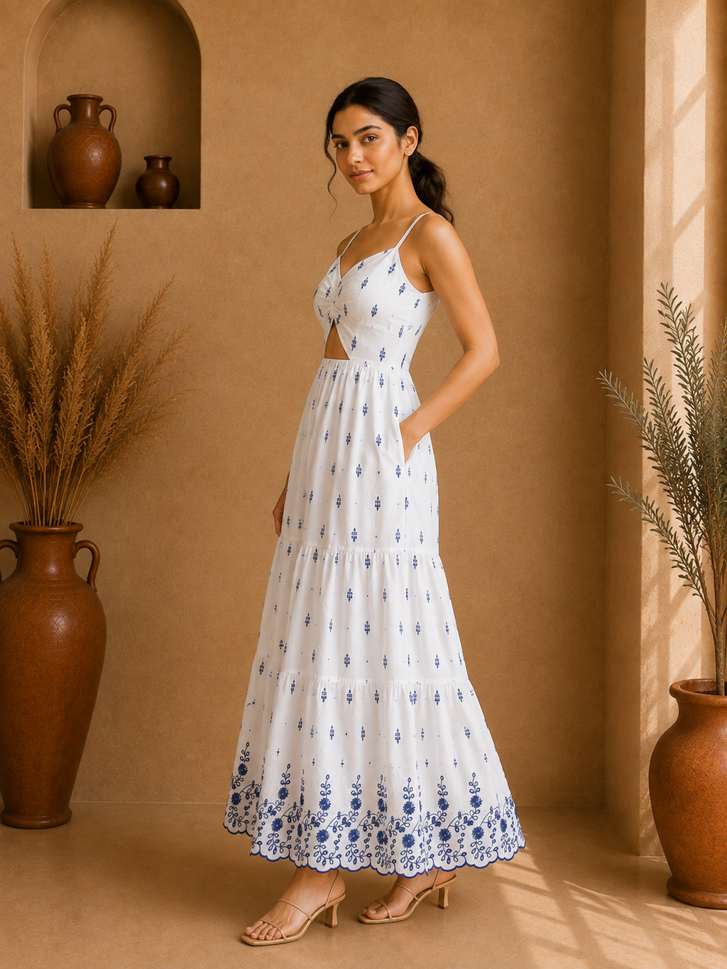 Azure Bloom Embroidered Cotton Cut-Out Maxi Dress – Ivory White
