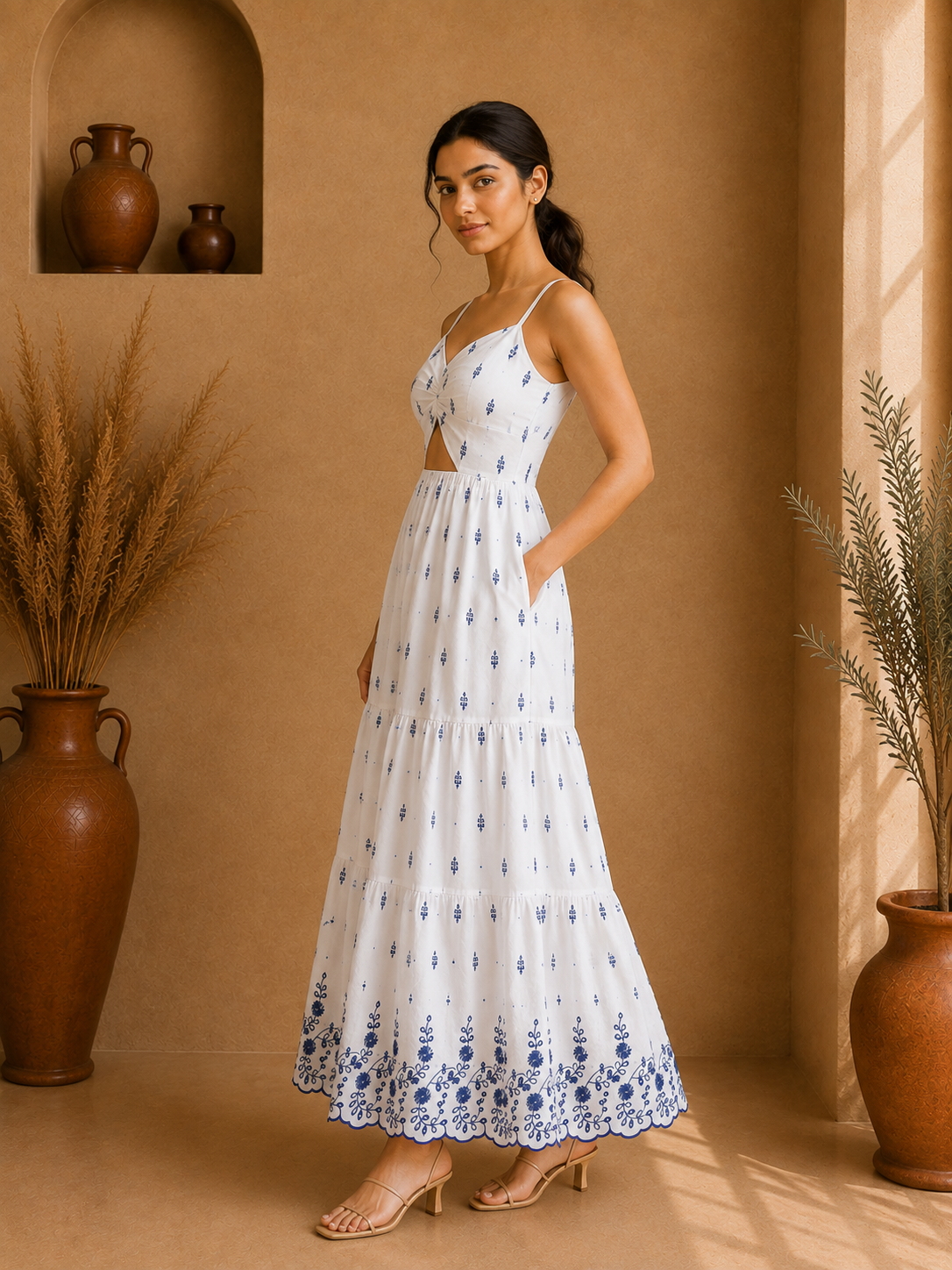 Azure Bloom Embroidered Cotton Cut-Out Maxi Dress – Ivory White